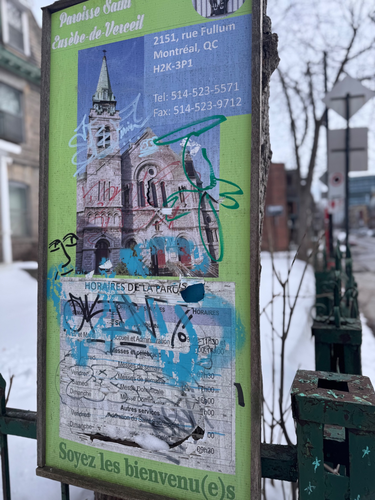 Former parish sign, rue Fullum church, Montreal, Quebec. Photograph by Richard Wainwright.